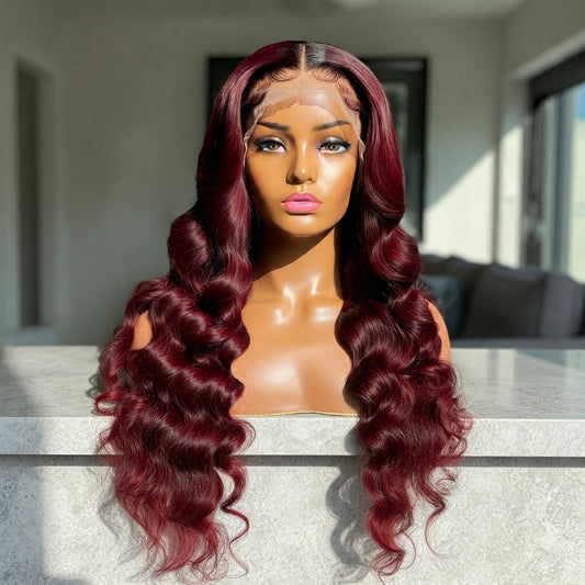 "Ruby -Luxurious Burgundy Ombre Body Wave Lace Front Wig with 200% Density"