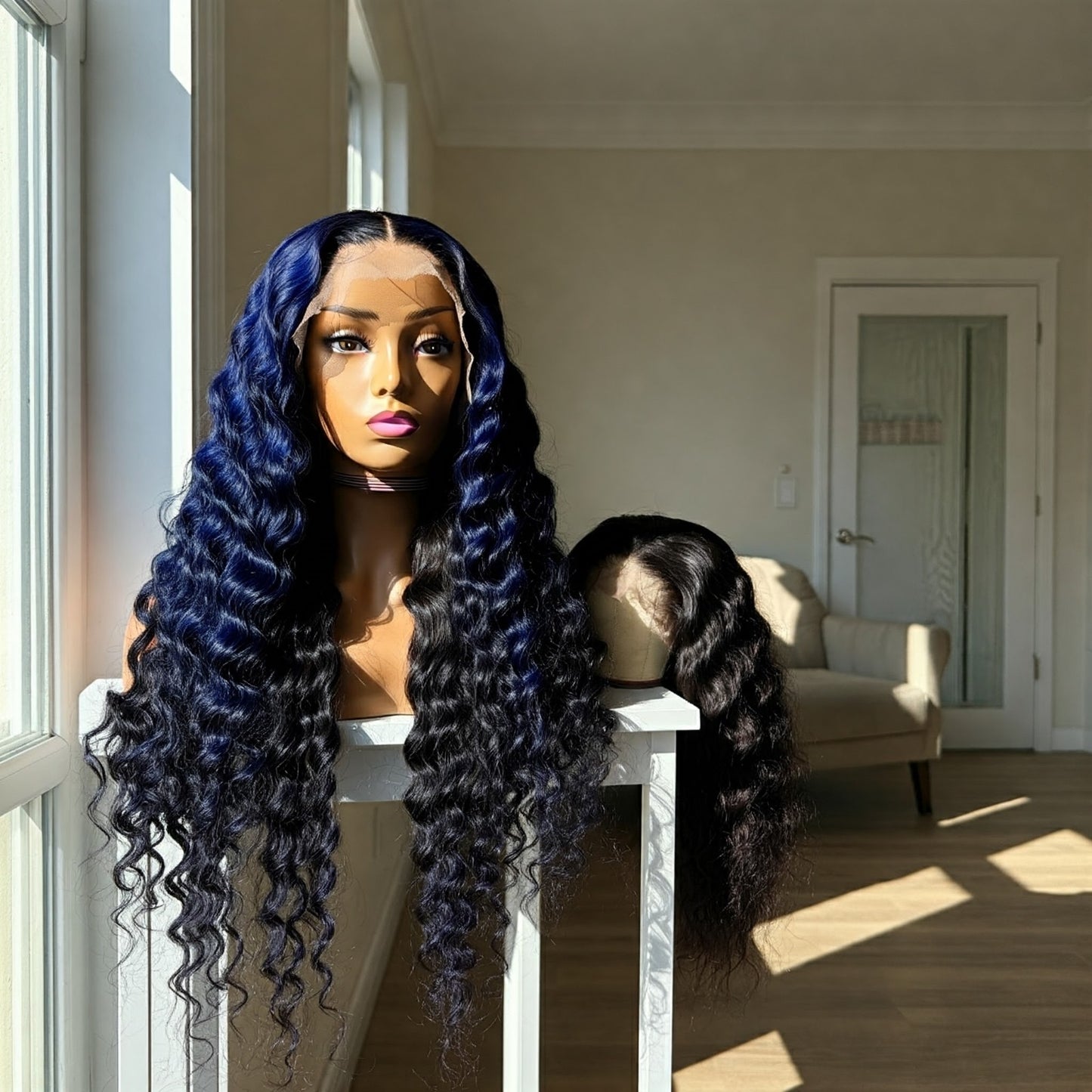 "Midnight Blue - Luxurious Black and Blue Body Wave Lace Front Wig