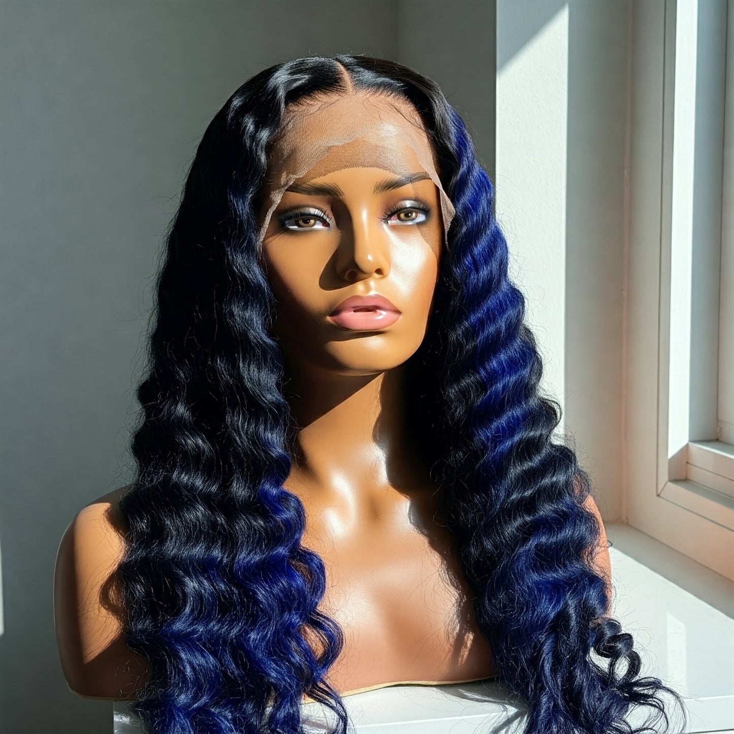 "Midnight Blue - Luxurious Black and Blue Body Wave Lace Front Wig