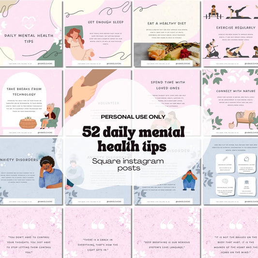 52 daily mental health tips for instagram, square posts, editable in canva, social media manager, wellness coach